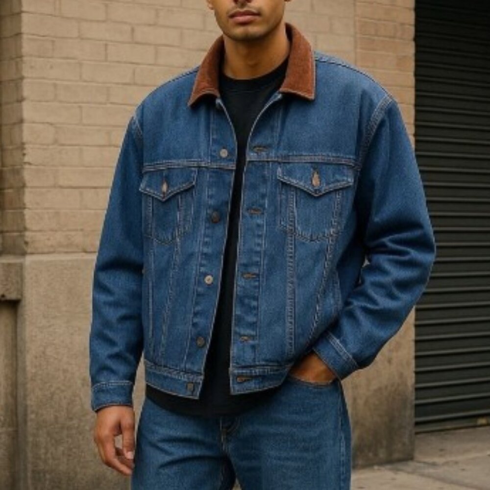 Marlboro Country Store Blue Denim Jacket with Leather Collar, M